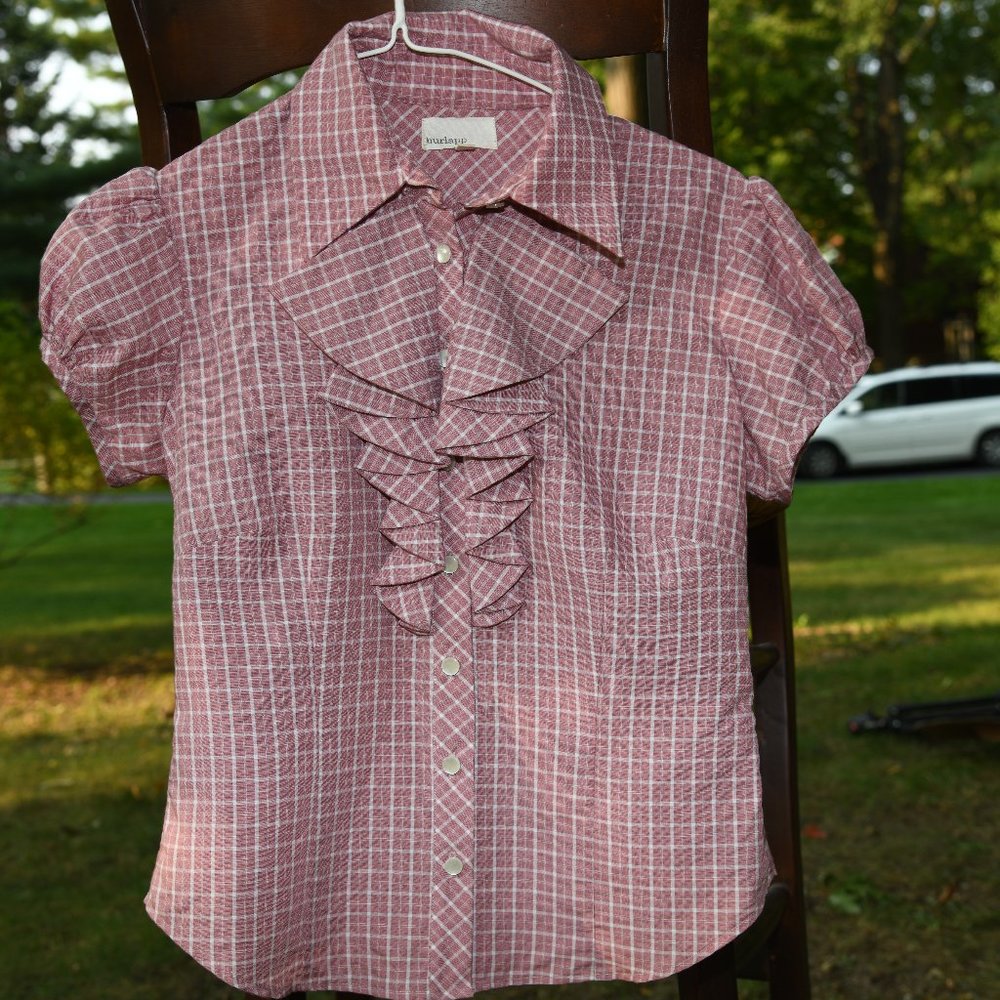 Anthropologie Burlapp Blouse, Pink White Squares